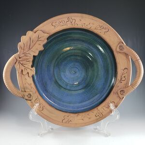 Lg Rustic Studio Pottery Bowl Platter Handles Oak Leaf Rim Blue Glazed Signed